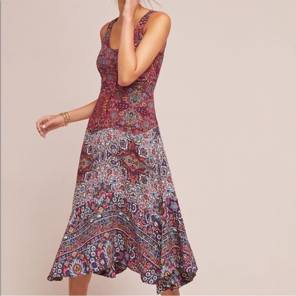 Anthropologie Maeve Violette Y2K Paisley Floral Handkerchief Midi Dress